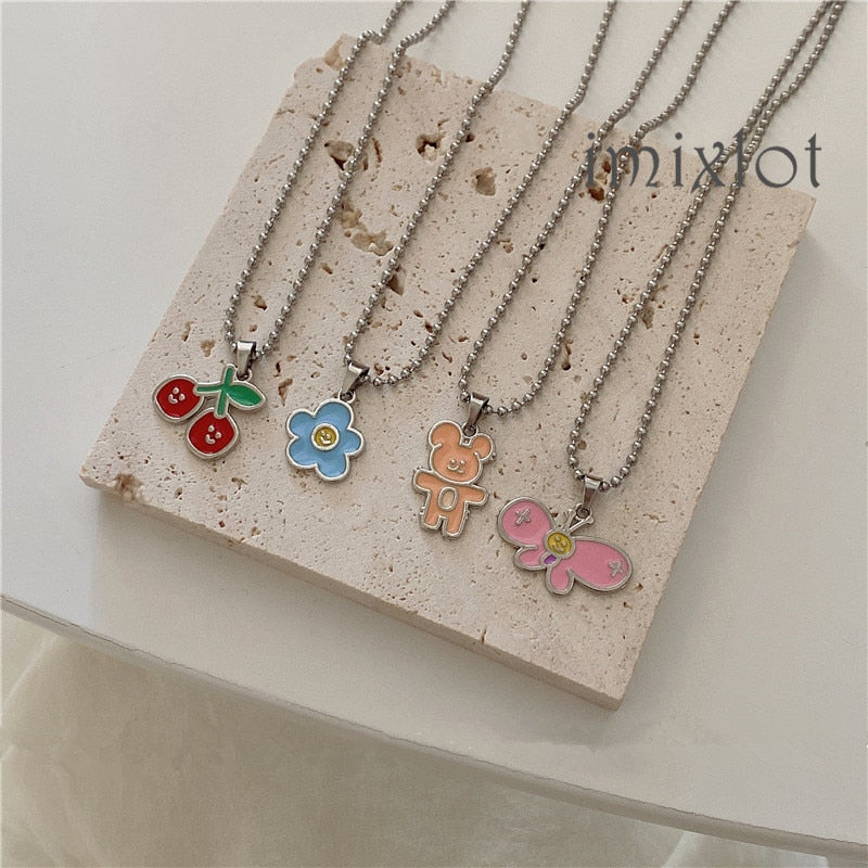 Summer Cute Round Bead Chain Cartoon Bowknot Butterfly Pendant Necklace for Women Aesthetic Jewelry