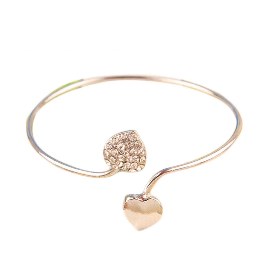Summer Fine Jewelry Diamante Rhinestone Double Peach Heart Opening Bangles Bracelet Inner Dia 6.8cm 0382