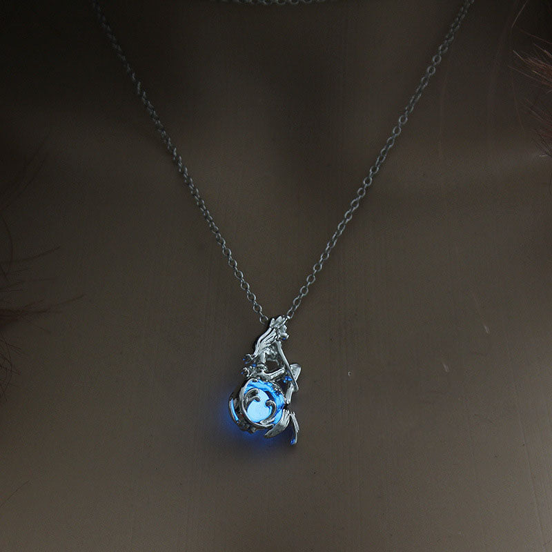 Summer Jewelry with Glow in the Dark Necklace Silver Color Mermaid Pendant Locket Pendant Luminous Stone Neklace for Unisex