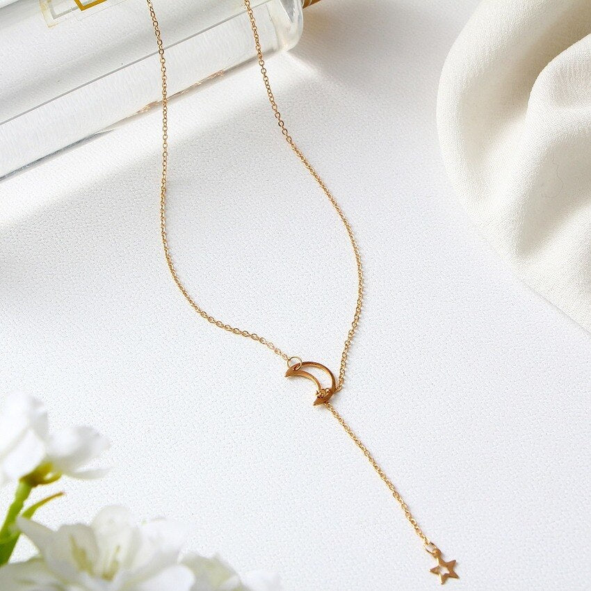 Summer Long Chain Star Pendant Charm Necklace For Women Gold Color Hollow Choker Necklaces  Jewelry