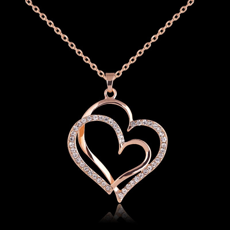 Summer style Rose gold color Crystal Double Heart Pendant Luxury Jewelry Love heart Necklaces Valentine's D Wedding Jewelry