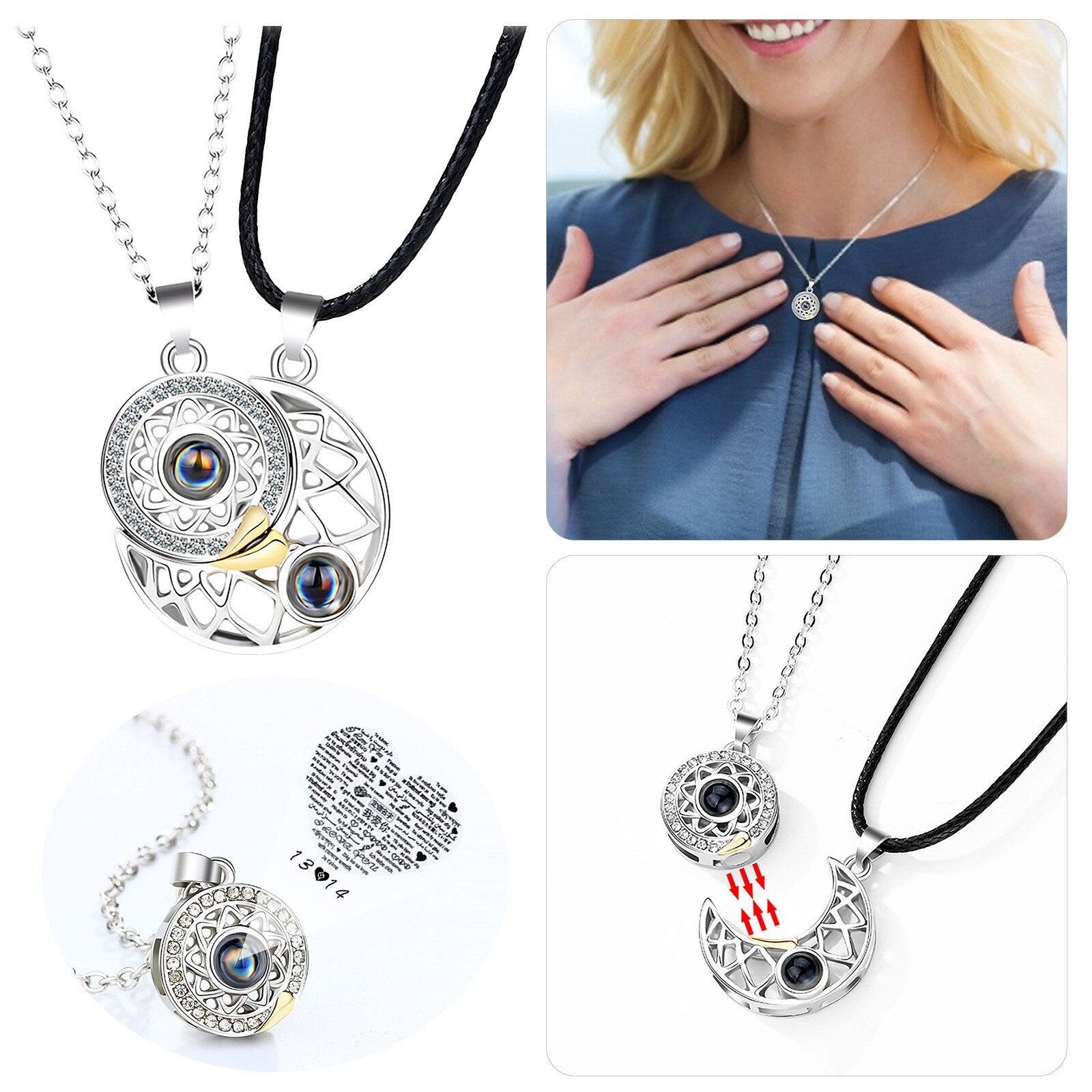 Sun&Moon 100 Languages I Love You Projection Couples Necklace Wedding Birthday Jewelry 100 Languages I Love You Pendant D15#