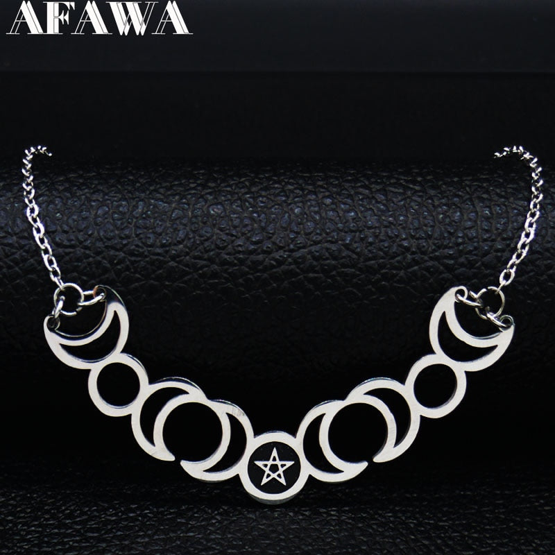 Sun Moon Pentagram Stainless Steel Silver Color Necklaces Women Witchcraft Statement Necklace Jewelry gargantilla N427S02