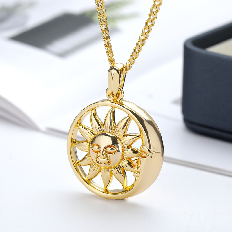 Sun and Moon Necklace For Women Round Gold Color Sun Necklace Stainless Steel Bohemian Vintage Jewelry BFF Friend Gift