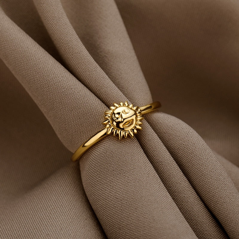 Sunflower Smiley Face Rings For Women Stainless Steel Gold Sun Face Finger Ring Vintage Aesthetic Jewelry Gift Anillos Mujer