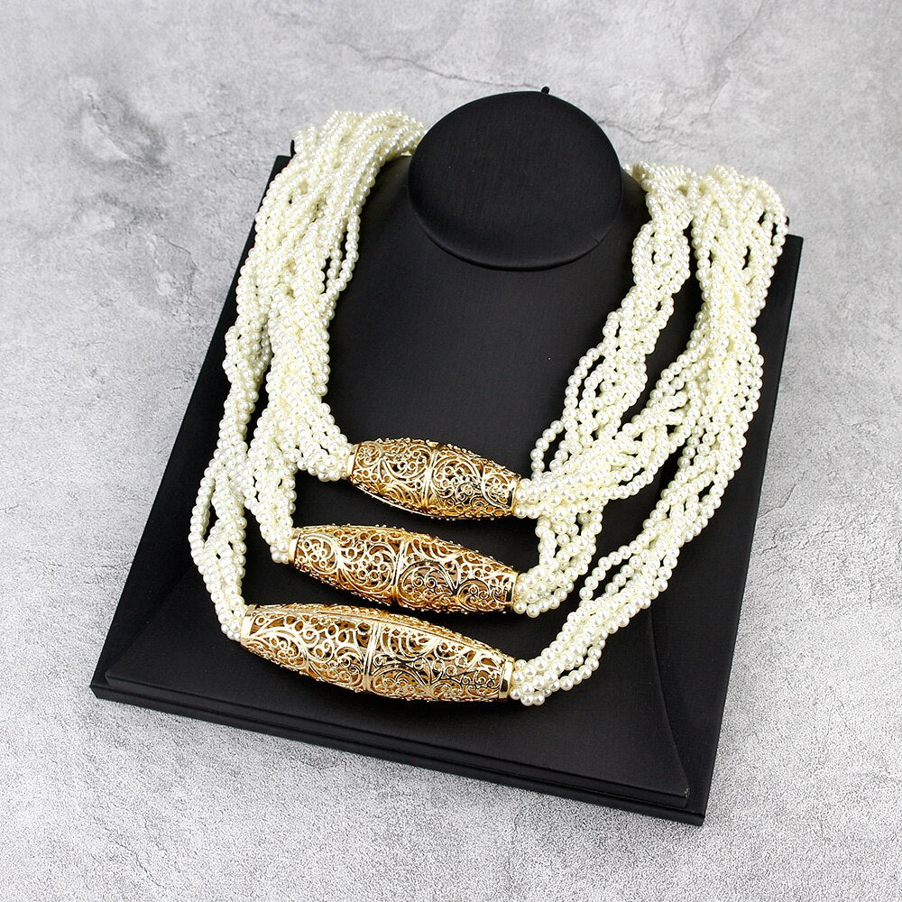 Sunspicems 2020 Handwoven Morocco Beads Chain Choker Necklace Gold Color Simulated Pearl African Wedding Jewelry Bride Gift