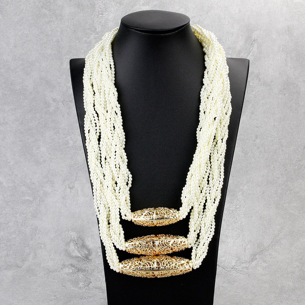 Sunspicems 2020 Handwoven Morocco Beads Chain Choker Necklace Gold Color Simulated Pearl African Wedding Jewelry Bride Gift