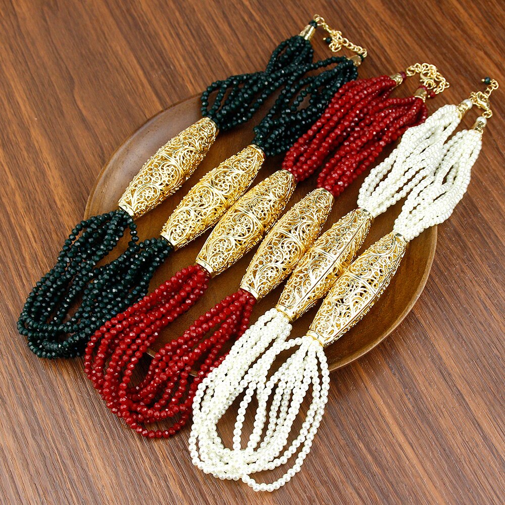 Sunspicems 2021 Gold Color Crystal Beaded Necklace For Women Morocco Wedding Jewelry Arab Handmade Natural Stone Choker Bijoux