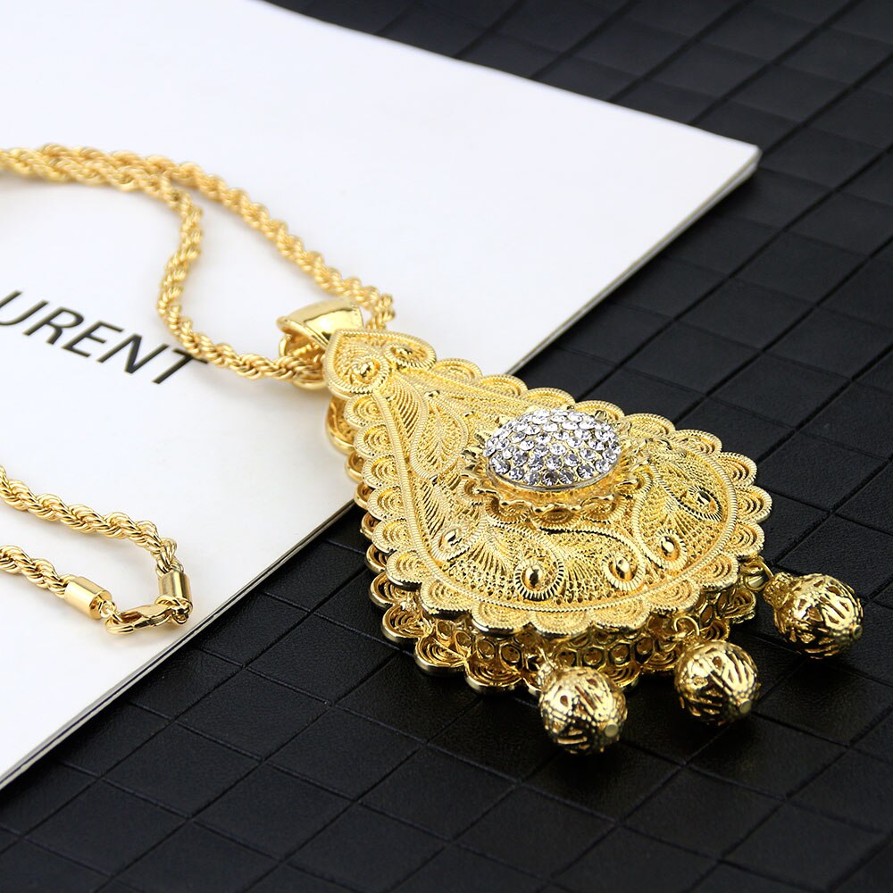 Sunspicems Algerian Gold Color Big Pendant Necklace for Women Moroccan Wedding Jewelry Double Layer Hollow Pattern Hip Hop Chain