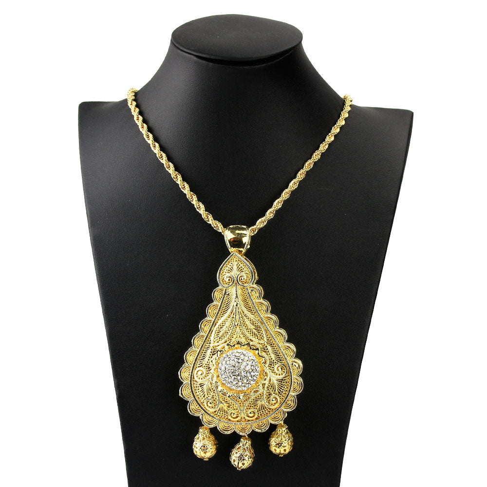 Sunspicems Algerian Gold Color Big Pendant Necklace for Women Moroccan Wedding Jewelry Double Layer Hollow Pattern Hip Hop Chain