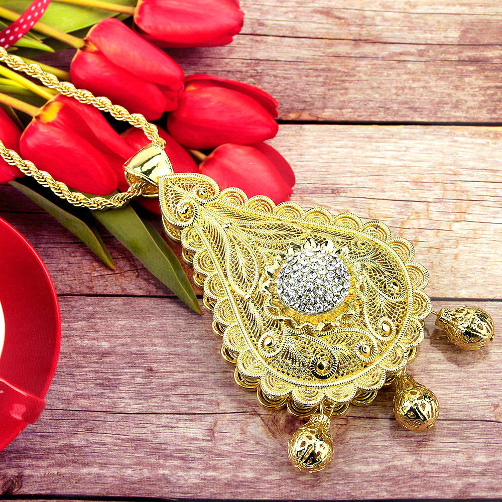 Sunspicems Algerian Gold Color Big Pendant Necklace for Women Moroccan Wedding Jewelry Double Layer Hollow Pattern Hip Hop Chain