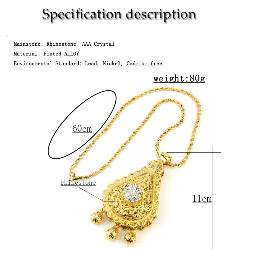 Sunspicems Algerian Gold Color Big Pendant Necklace for Women Moroccan Wedding Jewelry Double Layer Hollow Pattern Hip Hop Chain