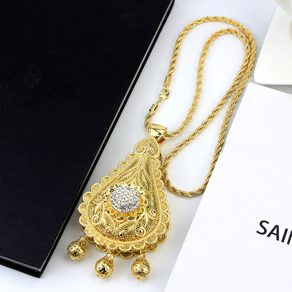 Sunspicems Algerian Gold Color Big Pendant Necklace for Women Moroccan Wedding Jewelry Double Layer Hollow Pattern Hip Hop Chain