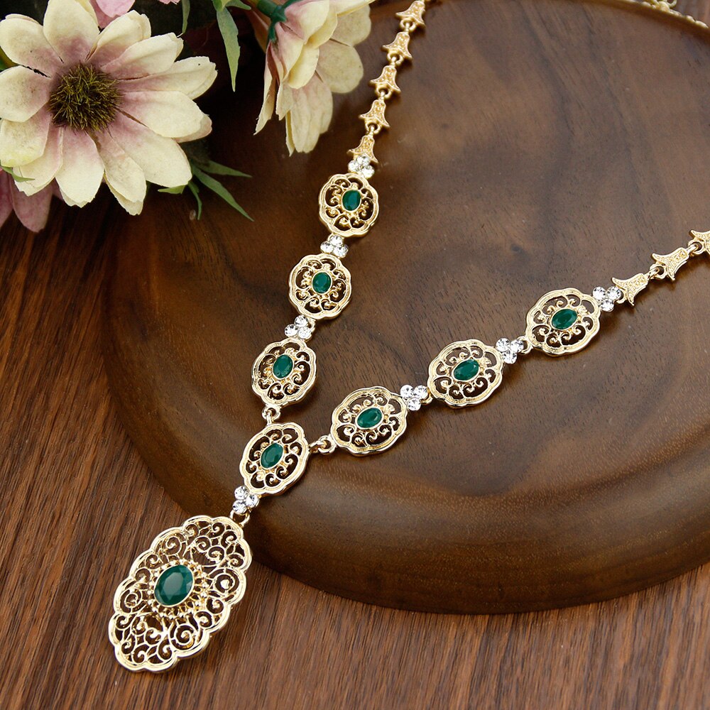 Sunspicems Elegent Morocco Algeria Women Necklace Gold Plated Colorful Crystal Ethnic Wedding Jewelry Round Arabic Pattern Chain