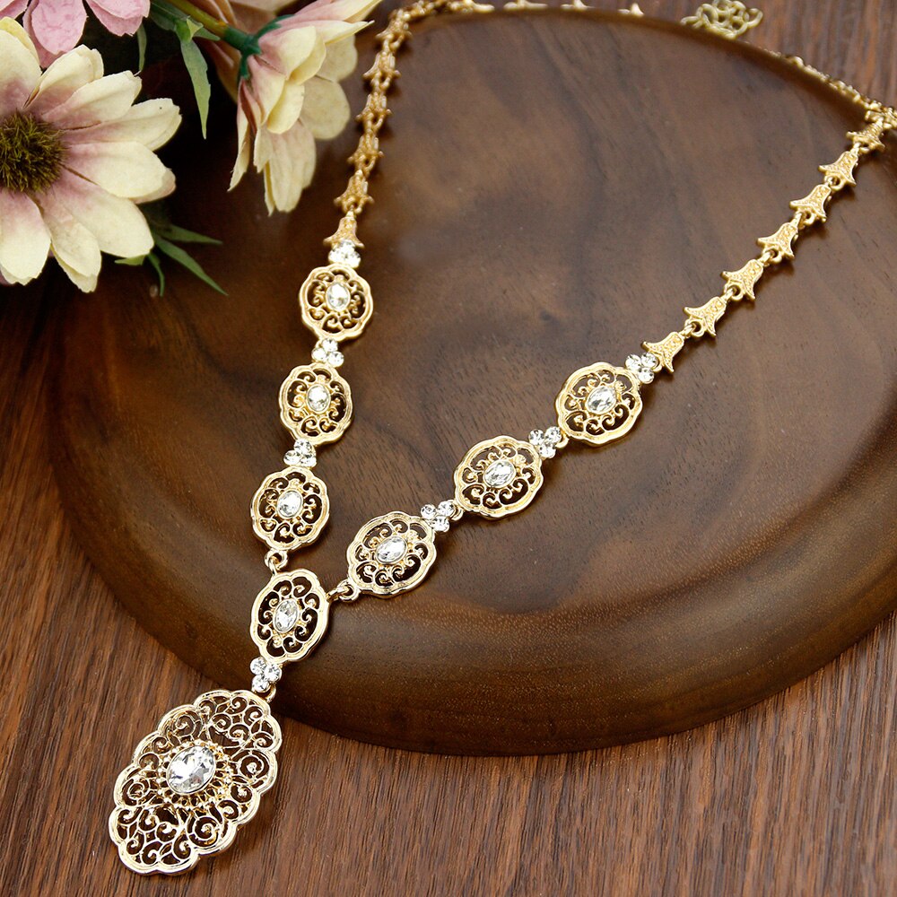 Sunspicems Elegent Morocco Algeria Women Necklace Gold Plated Colorful Crystal Ethnic Wedding Jewelry Round Arabic Pattern Chain