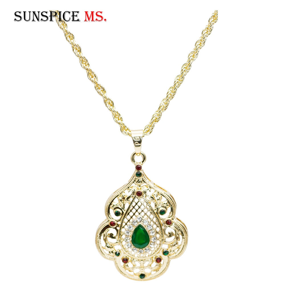 Sunspicems Indian Jewelry Gold Color Long Pendant Necklace for Women Ethnic Wedding Gift Morocco Caftan Metal Flower Accessory