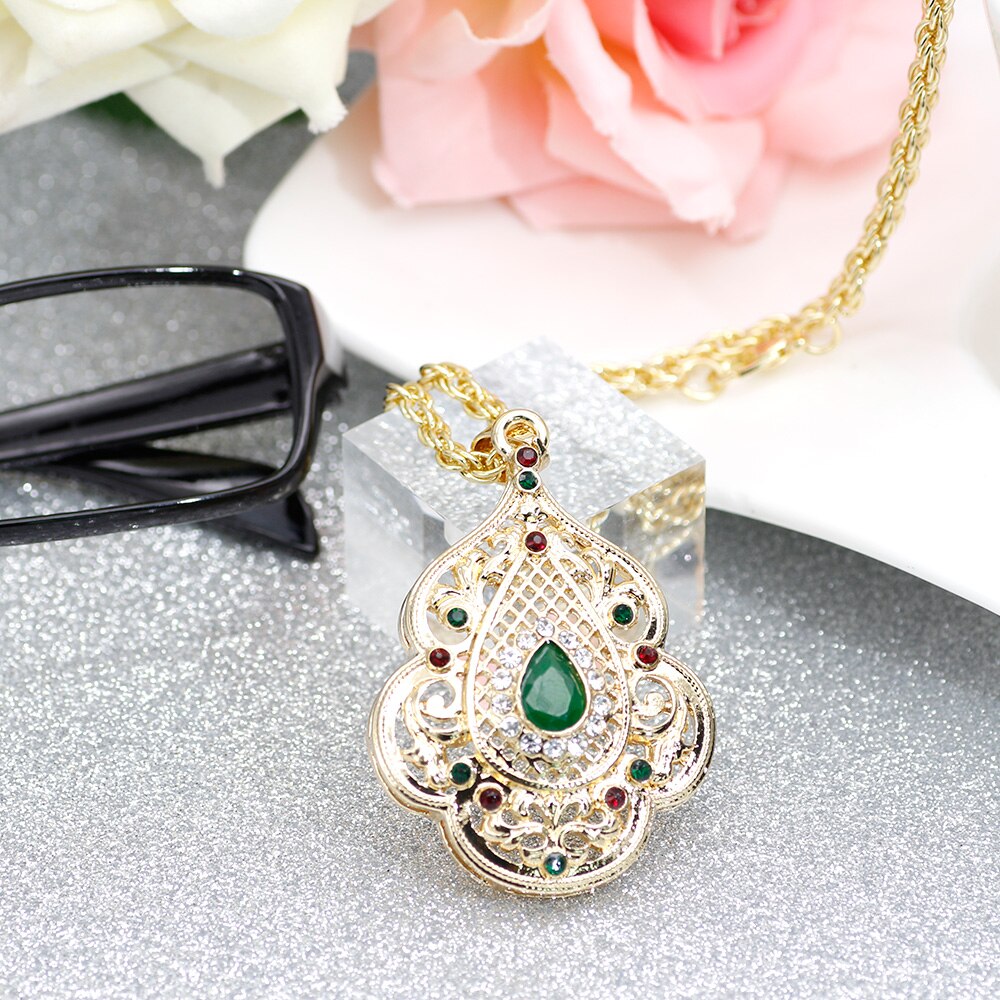 Sunspicems Indian Jewelry Gold Color Long Pendant Necklace for Women Ethnic Wedding Gift Morocco Caftan Metal Flower Accessory