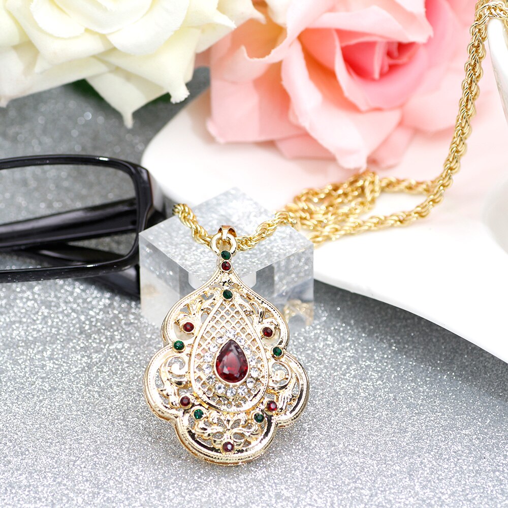 Sunspicems Indian Jewelry Gold Color Long Pendant Necklace for Women Ethnic Wedding Gift Morocco Caftan Metal Flower Accessory