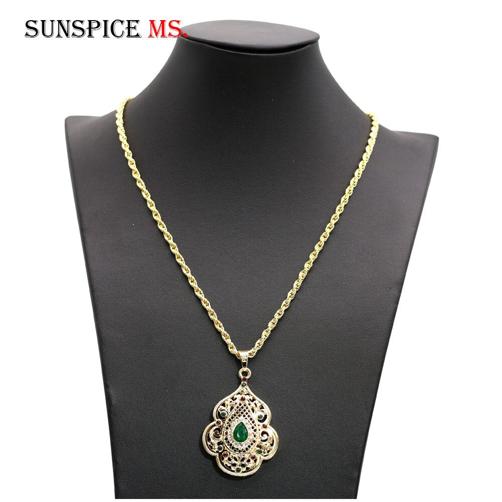 Sunspicems Indian Jewelry Gold Color Long Pendant Necklace for Women Ethnic Wedding Gift Morocco Caftan Metal Flower Accessory