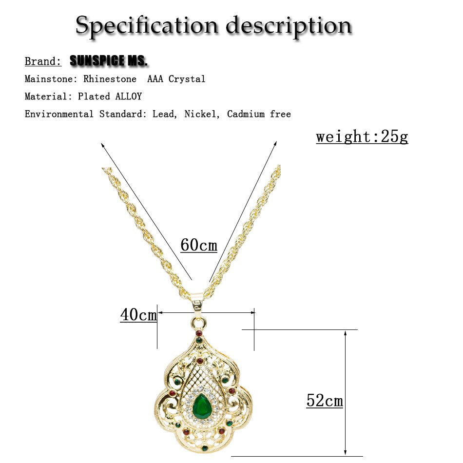 Sunspicems Indian Jewelry Gold Color Long Pendant Necklace for Women Ethnic Wedding Gift Morocco Caftan Metal Flower Accessory