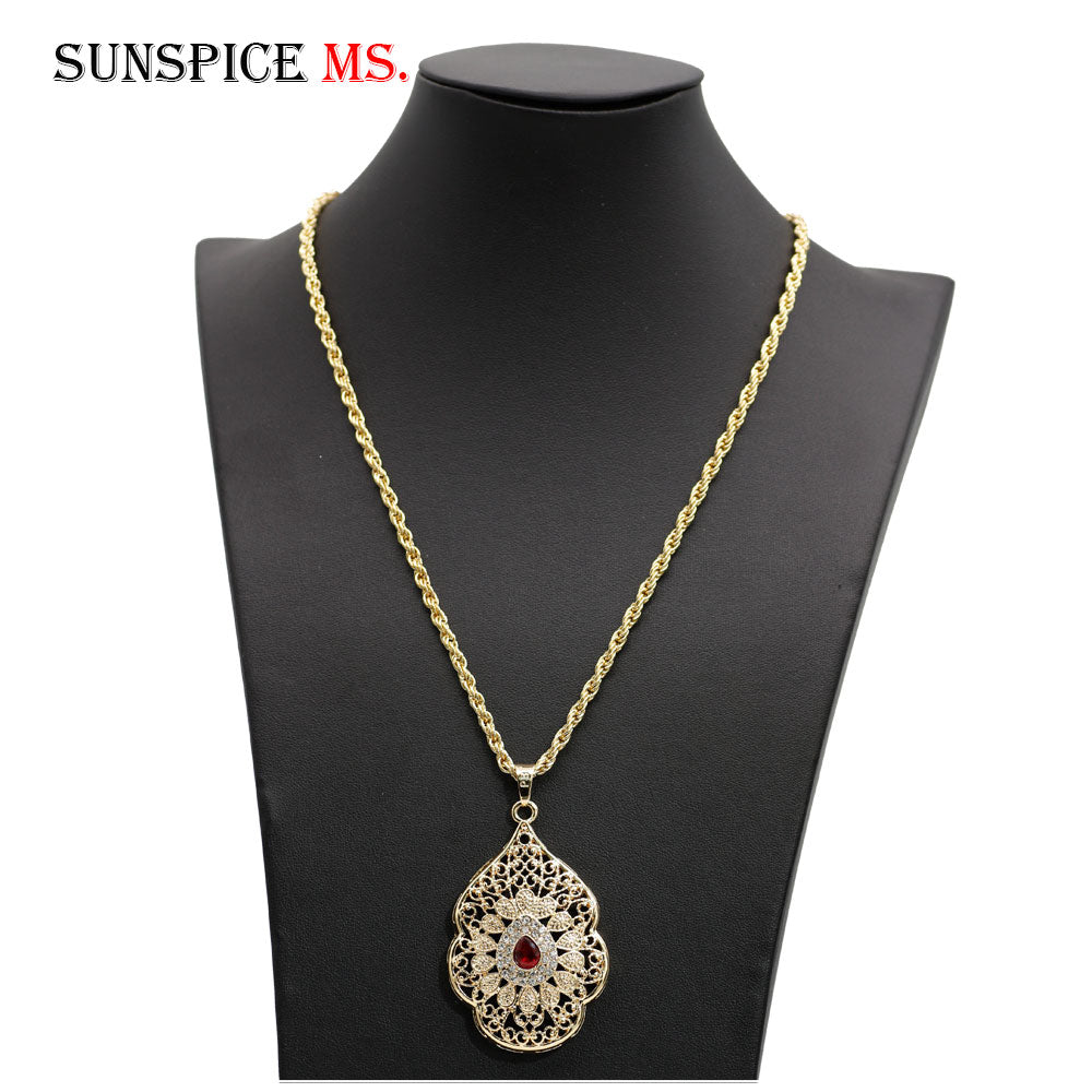 Sunspicems Morocco Jewelry Gold Color Long Pendant Necklace Sweater Chain For Women Arab Banquet Wedding Jewelry Caftan Chokers