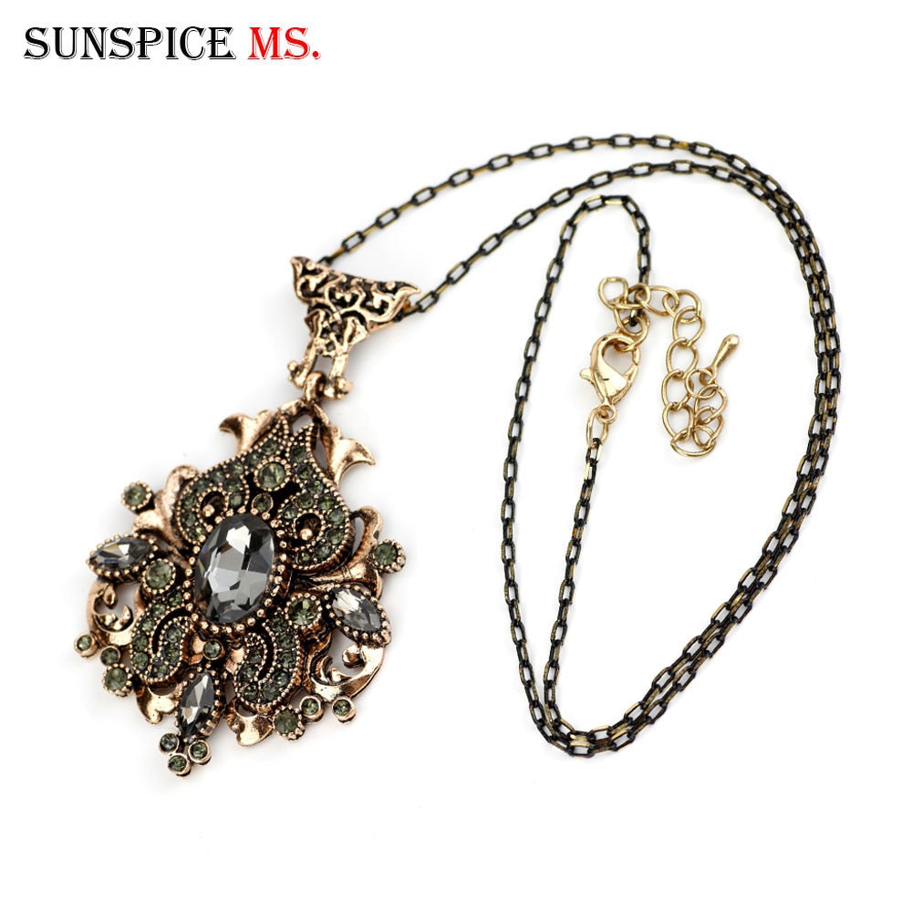 Sunspicems Vintage Grey Crystal Necklace For Women Turkish Antique Gold Color Pendant Necklace Ethnic Wedding Jewelry Gift