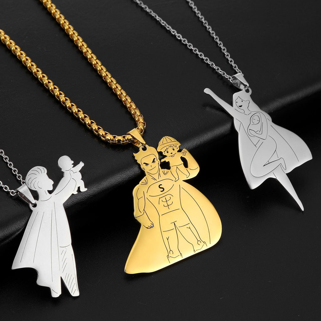 Super Father Mother Necklace Supernatyural Gift Family Gold Color Baby Boy Girl Daughter Son stainless steel Men Woman Jewelry