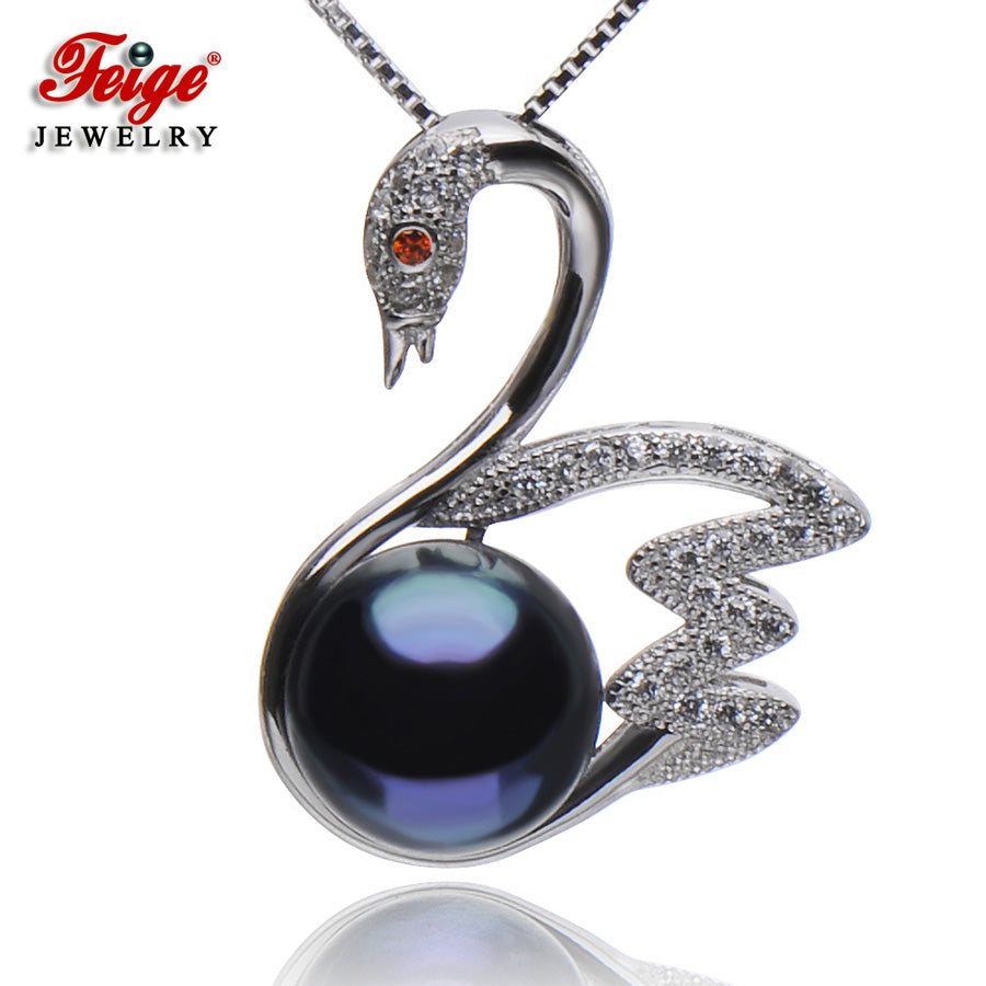 Swan shaped Pearls Pendant Necklaces for Women Fine Jewelry 925 Sterling Silver Chain 9-10mm Natural Black Pearl