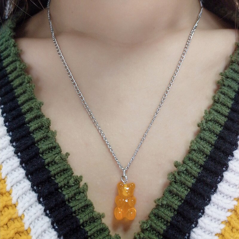 Sweet Acrylic 11 Color Bear Necklace For Women Long Wild Clavicle Chain Pendant Refined Stylish Mujer Gift 2021 Trendy Jewelry