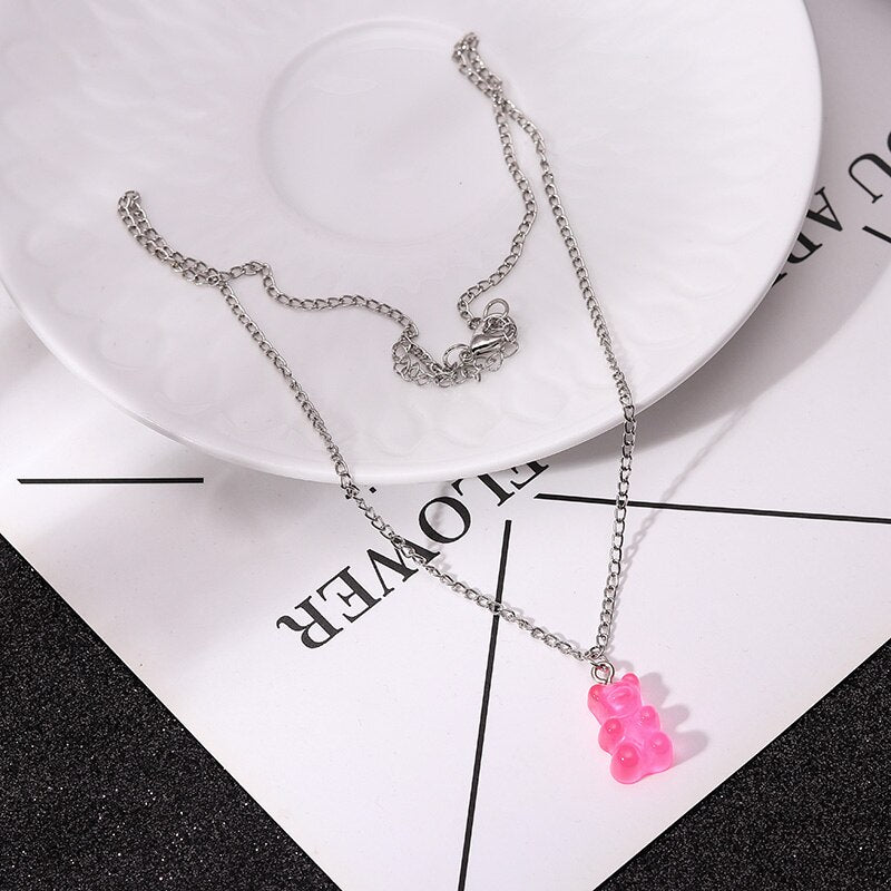 Sweet Acrylic 11 Color Bear Necklace For Women Long Wild Clavicle Chain Pendant Refined Stylish Mujer Gift 2021 Trendy Jewelry