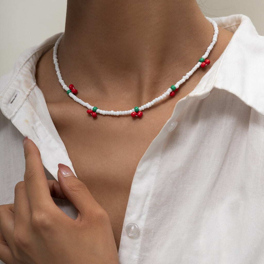 Sweet  Cherry Bead Choker Necklace Creative Women Trendy Bohemian Vintage Beaded Fruit Necklace Retro Clavicle Chain