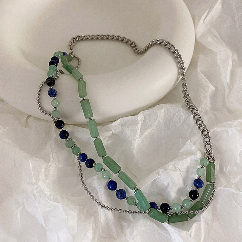Sweet Cool Girl Multi Layers Choker Necklace Fashionable Green Stone Round Bead Chain Clavicle Jewelry Vintage Neck Accessories