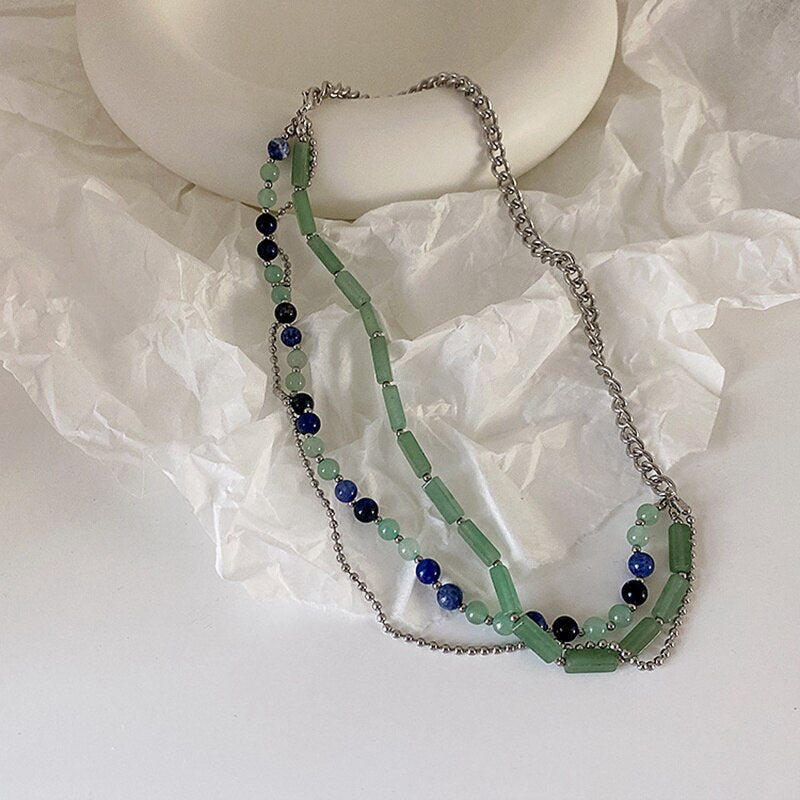 Sweet Cool Girl Multi Layers Choker Necklace Fashionable Green Stone Round Bead Chain Clavicle Jewelry Vintage Neck Accessories