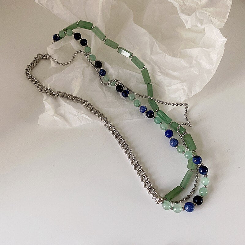 Sweet Cool Girl Multi Layers Choker Necklace Fashionable Green Stone Round Bead Chain Clavicle Jewelry Vintage Neck Accessories