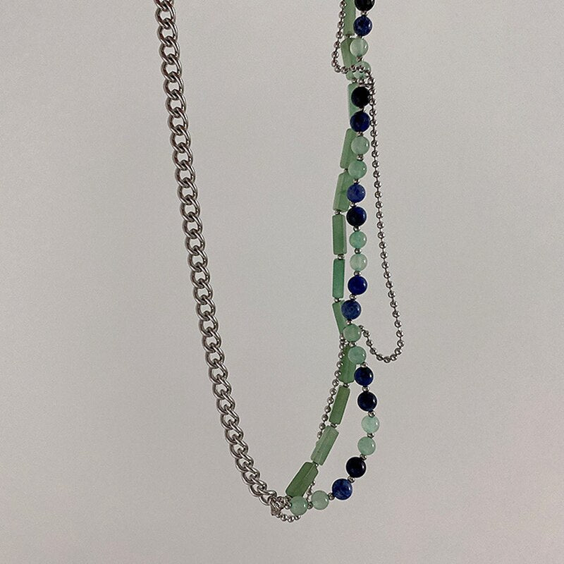 Sweet Cool Girl Multi Layers Choker Necklace Fashionable Green Stone Round Bead Chain Clavicle Jewelry Vintage Neck Accessories