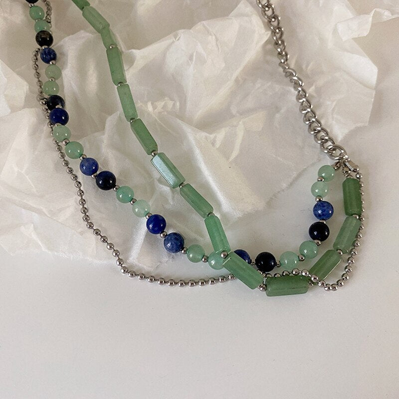 Sweet Cool Girl Multi Layers Choker Necklace Fashionable Green Stone Round Bead Chain Clavicle Jewelry Vintage Neck Accessories