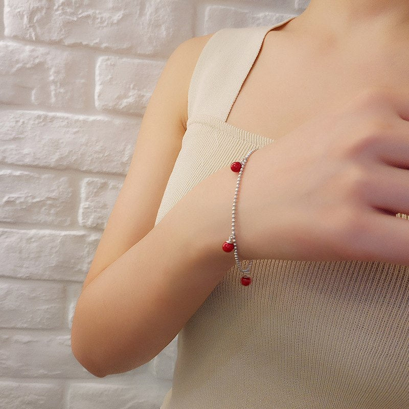Sweet Cute Chain&Link Bracelet For Women Buckle bracelet 925 Silver Trendy Bracelet Red Ball Handmade Original Bracelet Jewelry