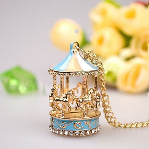 Sweet Enamel Carousel Merry Go Round Horse Charm Pendant Sweater Necklace  rhinestone decort long chain necklace