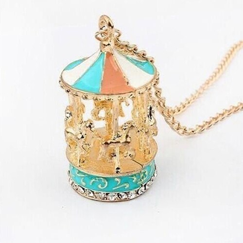 Sweet Enamel Carousel Merry Go Round Horse Charm Pendant Sweater Necklace  rhinestone decort long chain necklace
