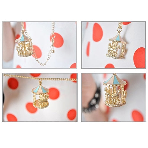 Sweet Enamel Carousel Merry Go Round Horse Charm Pendant Sweater Necklace  rhinestone decort long chain necklace