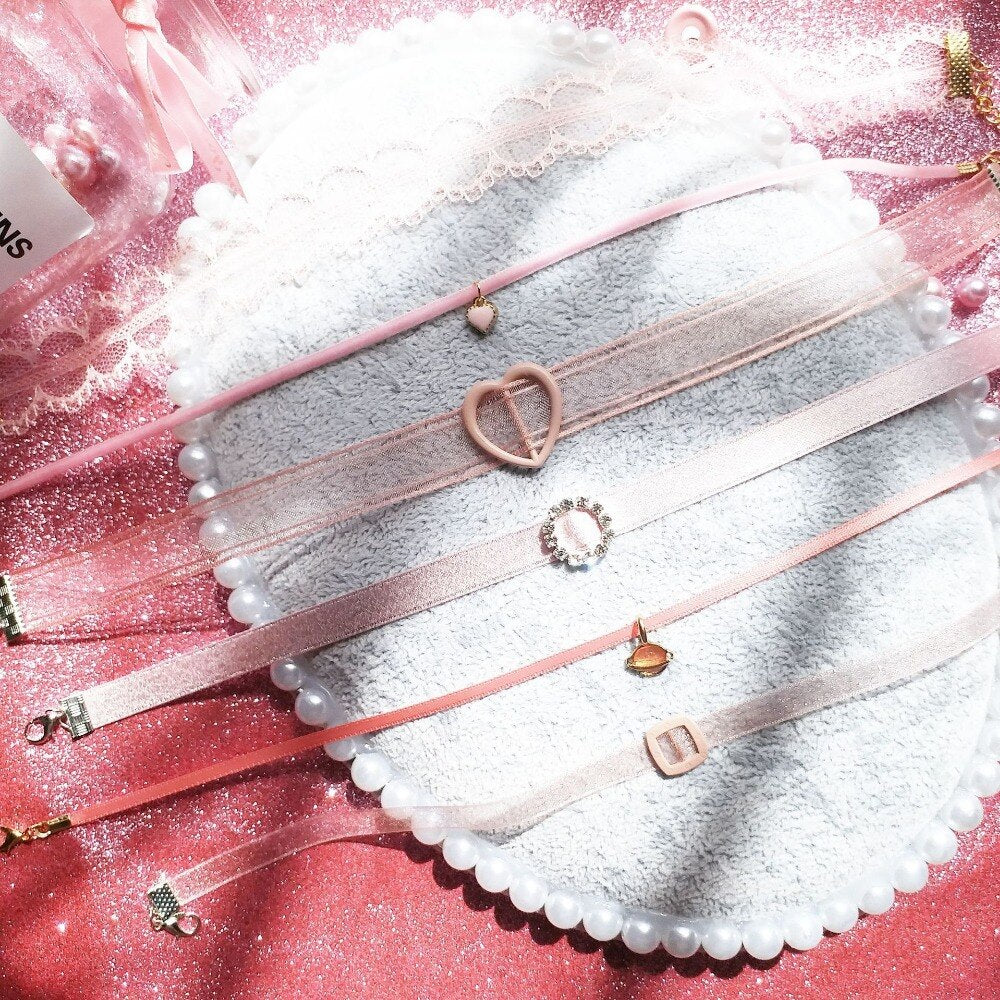 Sweet Geometri Lace Choker Harajuku Planet Collar Pink Lovely Velvet Chocker Heart Shape Pendant Necklace Women Clavicle Chain