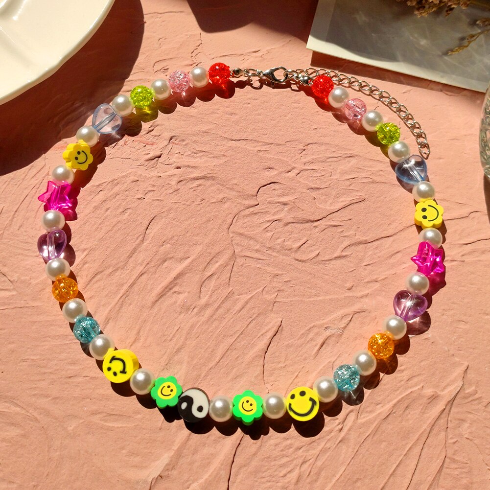 Sweet Geometry Pearl Rainbow Jelly Heart Star Beaded Necklace For Women Mushroom Colorful Bead Choker Handmade Girls Y2K Jewelry