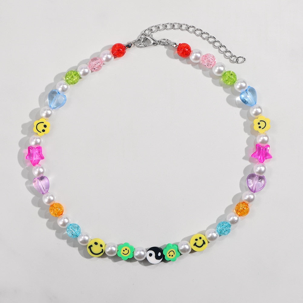 Sweet Geometry Pearl Rainbow Jelly Heart Star Beaded Necklace For Women Mushroom Colorful Bead Choker Handmade Girls Y2K Jewelry