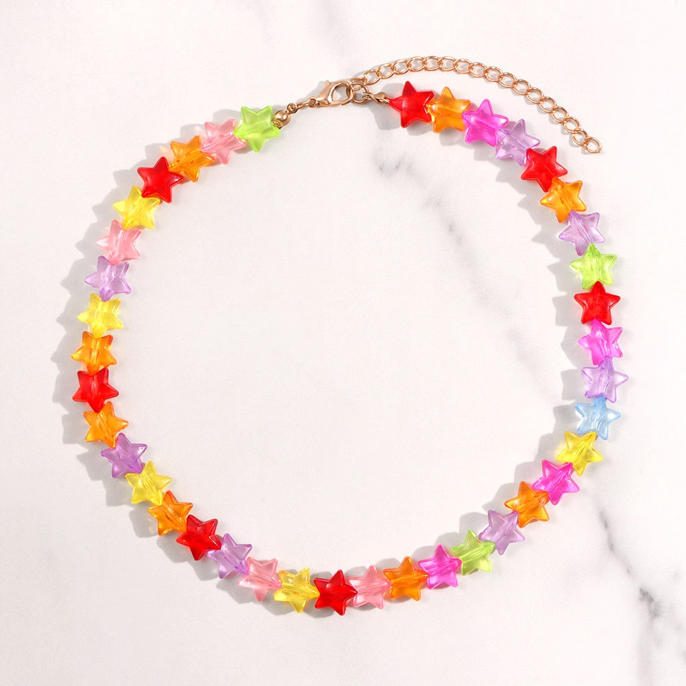 Sweet Geometry Pearl Rainbow Jelly Heart Star Beaded Necklace For Women Mushroom Colorful Bead Choker Handmade Girls Y2K Jewelry