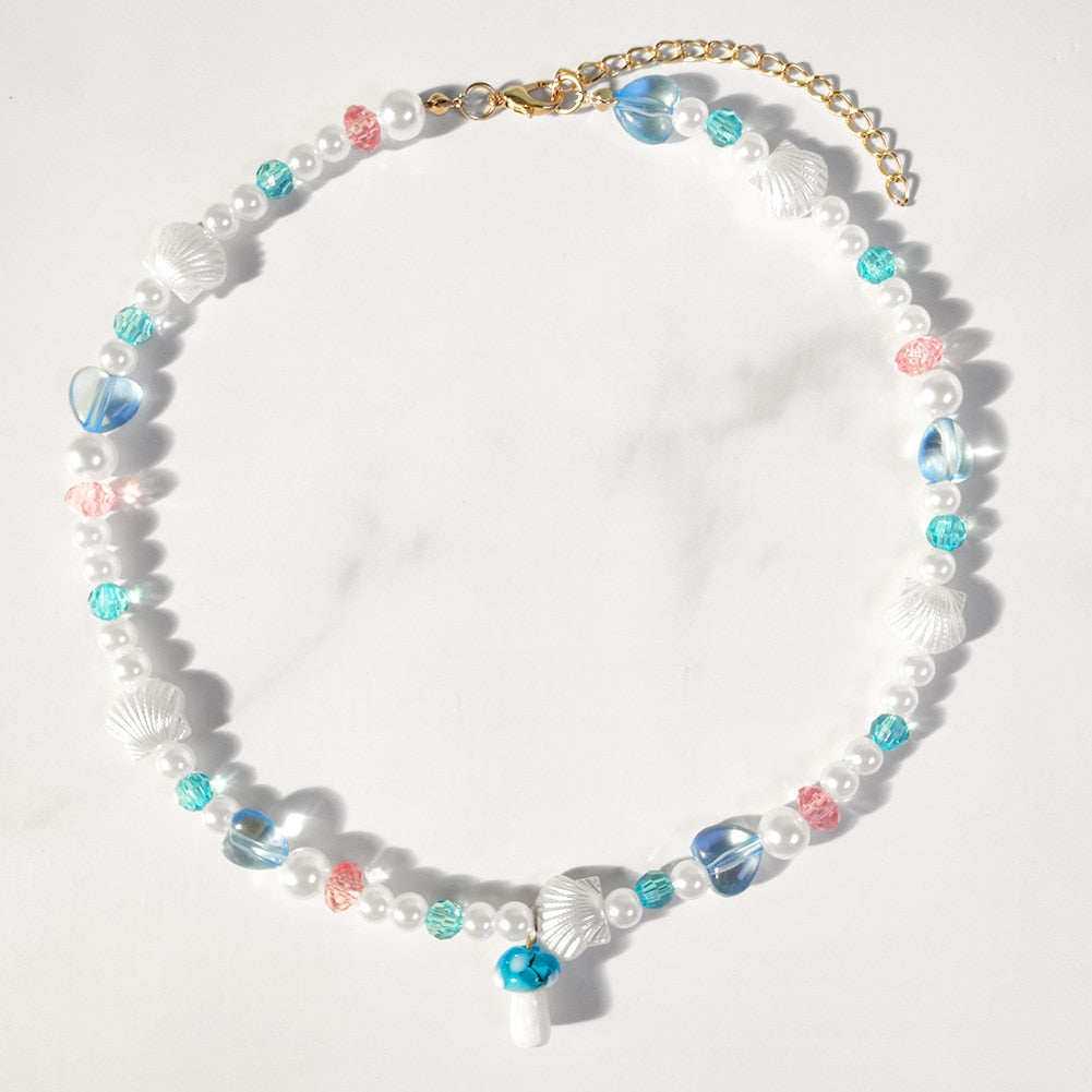 Sweet Geometry Pearl Rainbow Jelly Heart Star Beaded Necklace For Women Mushroom Colorful Bead Choker Handmade Girls Y2K Jewelry