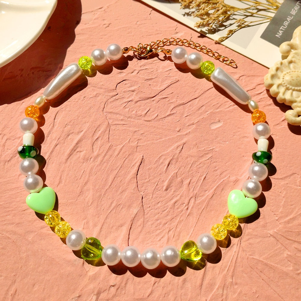 Sweet Geometry Pearl Rainbow Jelly Heart Star Beaded Necklace For Women Mushroom Colorful Bead Choker Handmade Girls Y2K Jewelry