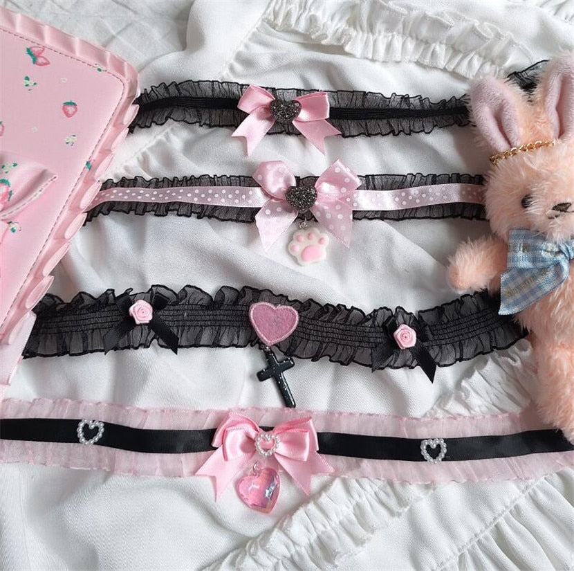 Sweet Heart Gothic Pink Blakc Lace Cross Bownot Choker Lolita Maid Cosplay Women Necklace D736