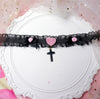 Sweet Heart Gothic Pink Blakc Lace Cross Bownot Choker Lolita Maid Cosplay Women Necklace D736