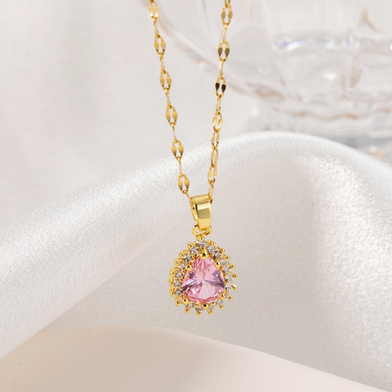 Sweet Light  Pink Water Drop Crystal Pendant Women Chokers Necklaces Female Elegant No Fade Stainless Steel Neck Jewelry
