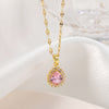 Sweet Light  Pink Water Drop Crystal Pendant Women Chokers Necklaces Female Elegant No Fade Stainless Steel Neck Jewelry